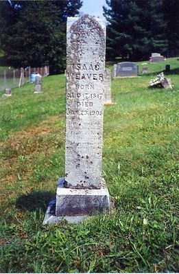 IsaacWeaverHeadstoneWeaverChurchCemetery0001.jpg
Grave Marker for Isaac Weaver 1817-1905, courtesy of Debi Coe.
