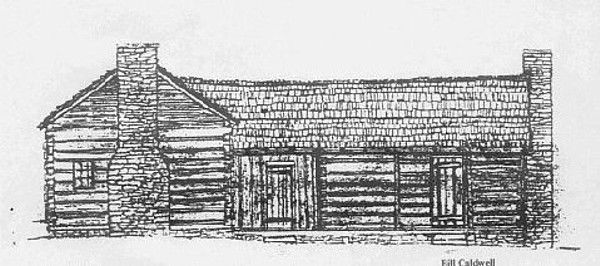 Chestnut Hill - Hash Cabin
This sketch by Bill Caldwell shows the cabin of John and Sarah Hahs at Chestnut Hill.  The older portion was probably built by either Greenberry Phipps or Edward Weaver.
