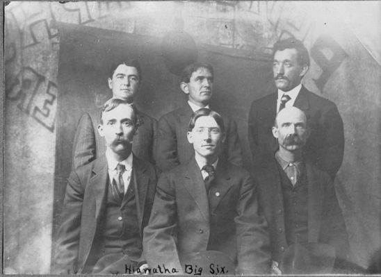 hiawathabigsix.jpg
William Lee Taylor, is the gentleman in the front row, extreme right.  The other gentlemen and the meaning of "Hiawatha Big Six" is unknown.  William Lee Taylor worked for the railroad over in West Virginia and there is a place called Hiawatha, WV, so it may be a railroad work crew or some such.  William Lee Taylor was from Montgomery County.  Anyone with additional information please contact paraaustin@yahoo.com.  
Courtesy of Laurie Austin [email]paraaustin@yahoo.com[/email]

