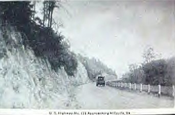 hwy121hillsville.jpg
This view made in the early 1930s shows Highway 121 approaching Hillsville.  I presume that this is now highway 221.
