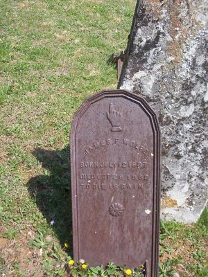 100_1626.jpg
This is the grave marker for James F. Wolfe, B. July 12, 1837 and D. October 29, 1862.  It is unusual in that it is a metal marker.  Photo April 23, 2006 by Jeff Weaver.
