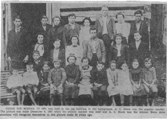 3topsch.jpg
An early 20th century photo of the Three Top School, courtesy of Warren Houck.  Some might like to read A. B. Hurt's book on [url=http://www.lulu.com/content/102305]Educational Development in Ashe County[/url]
