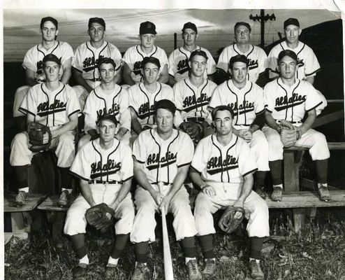 AlkaliesBaseball1950.jpg
The Alkalies were the semi-pro baseball team that operated in Saltville at one time.  This picture is from the Chub Arnold collection courtesy of Don Smith.

BOTTOM L-R- CHARLES ("PEE WEE") HERNDON, JIM ("FODDERSHOCK") ARNOLD, MGR., COY MINTON
 
MIDDLE- HAROLD ARNOLD, RAY ("PEE WEE") OSBORNE, "CHUB" ARNOLD, BAY ARNOLD, GEORGE ("JESSEE") JAMES, BILL ANDERSON
 
TOP- WILLIS OAKES, HARRY FRY, JOHN ("PUNK") BORDERS, MARION RICE, JIM MOONEY, CHARLES ("JAKE") DAVIS
 
PICTURE IS FROM THE "CHUB" ARNOLD COLLECTION
PHOTOGRAPHER-CHARLIE JONES
 
DON SMITH
JAN. 2006 

