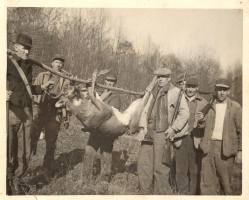 CBdeerhunting.jpg
My grandfather was born in 1889 and in this picture he looks to be in his 40s at most, so I guess this scene was in the 1930s, and though he had lived in Maryland since 1920, this hunting party probably was "back home" because his brother Dent and, according to an aunt, his nephew Glenn Kilby, both Ashe Countians, are in the picture. I send this, thinking you might recognize the other hunters. To identify those I know:   at deer's hindquarters with gun over shoulder--Charles Bradley Pennington, second from right, Dent Pennington; far right, Glenn Kilby.  Courtesy of Emily Kilby [email]erk44@verizon.net[/email]
