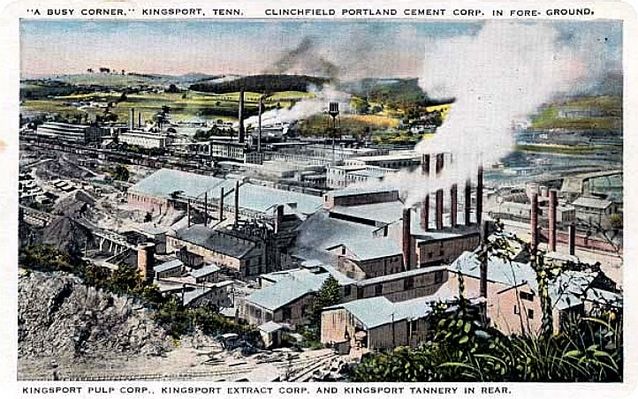 Kingsportpulpcement.jpg
This circa 1915-20 postcard shows Kingsport Pulp. Clinch Portland Cement, and the Kinsport Tannery.
