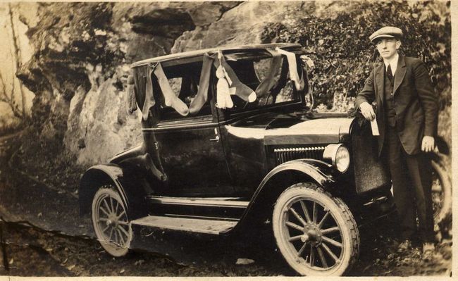 Littlewoodcarsocks.jpg
The Littlewood's first car, which would take them as far north as Providence, RI, visiting their East Coast relatives during the 1920s, was purchased with profits from their government contract for making  woolen socks for the army during WW I. Jack Littlewood, the only son of Herbert and Hannah Haigh Littlewood, apparently festooned the new machine with socks as a tribute. How DID they drive on those roads!?!?
Courtesy of Emily Kilby [email]erk44@verizon.net[/email]

