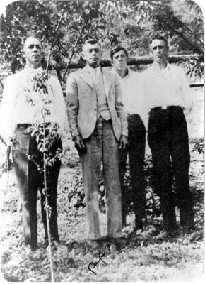 Hash, James Alexander Sons
These are the sons of James Alexander Hash & Artisia Anderson Hash.  From left to right are Bryon, Edgar, Polk, and Lonnie.  From the Howard Hash Collection, courtesy of Brenda Hash Eugenio [email]cherokee9550@verizon.net[/email]


