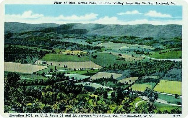 Bland - Blue Grass Trail
This 1953 postcard shows the Blue Grass Trail near Bland.  The image was probably taken from atop Walker Mountain.
