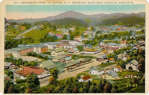 Boone - Bird's Eye View
This is a hand water-colored postcard showing Boone and Howards Knob, executed about 1910.
