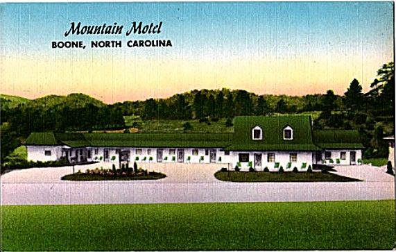 boonemountainmotel.jpg
This 1950s postcard depicts the Mountain Motel in Boone.  This type of motel was popular in the 1950s and 1960s as more and more families began to travel around the country.
