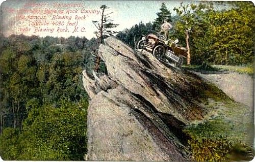 Blowing Rock - Blowing Rock
This postcard with a copyright date of 1909 shows an early horseless carriage attempting to climb Blowing Rock.
