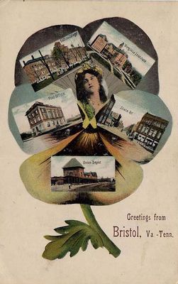 Clover Postcard
This clover shaped postcard was mailed in 1909.  It has five views of Bristol, VA and a female image in the center.
