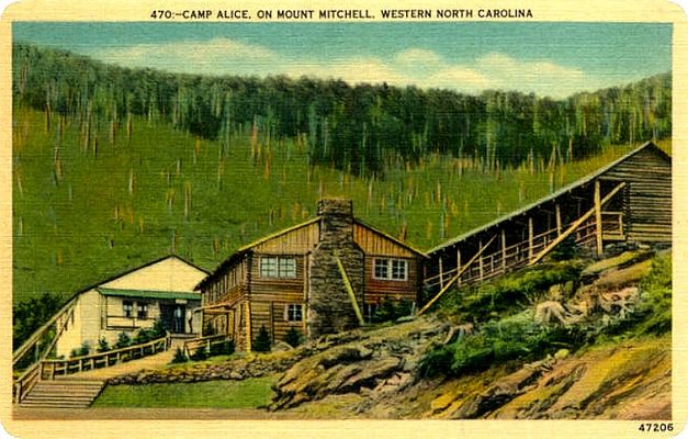 Mount Mitchell - Camp Alice
Located on the side of Mount Mitchell, this image is from a 1940s era postcard.  The [url=http://www.hikewnc.info/trailheads/mitchell/guidedhikes/campalice.html]HikeWNC website[/url] has some additional information.
