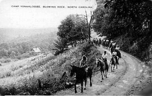 Blowing Rock - Camp Yonolosse
This circa 1915 real photo postcard shows a group of early tourists riding horseback at Camp Yonolosse, near Blowing Rock.
