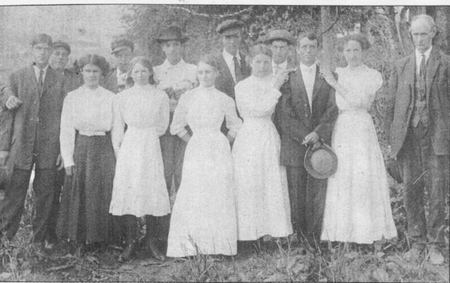 davisclaudeetal.jpg
This photo dates from 1910-11.  left to right Front row, Alice Thompson, Lucy Hart, Sissy Lyles, Blanche Hart, Claude Davis, Bert Ball,  and Jim Thomas.  Back row:  Tom Dunn, Jake Ball,m Gil Smith, Jess Ball, Jim Terry, and Albert Thomas.  Courtesy of Pauline Haga.

