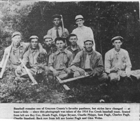 foxbaseball1914.jpg
This is a 1914 photo of the Fox Creek Baseball team.  In the days before Television, many rural communites fielded teams to compete against those in neighboring areas.
