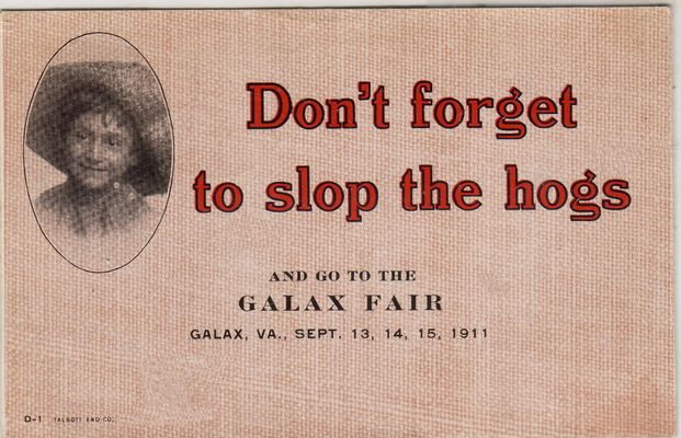 Galax - Galax Fair Ad
This postcard advertizes the 1911 Galax Fair.  I think it is hillarious.
