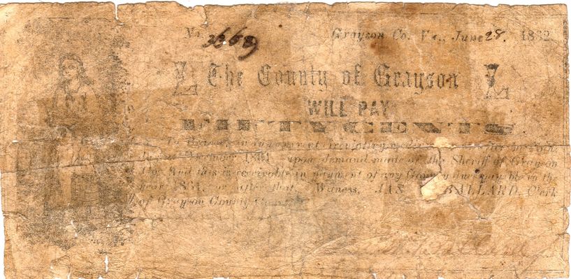 Independence -Civil WarNote
This is a Civil War shinplaster from Grayson County, Virginia dated JJune 28, 1862, in the denomination of 50 cents.  From the ecclectic collection of junque of Jeff Weaver.
