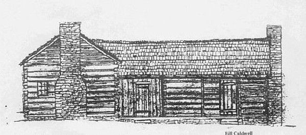 Chestnut Hill - Hash Cabin
This sketch by Bill Caldwell shows the cabin of John and Sarah Hahs at Chestnut Hill.  The older portion was probably built by either Greenberry Phipps or Edward Weaver.
