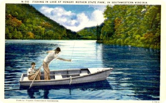 hungrymotherfishing.jpg
Boys bass fishing in Hungry Mother Lake is from a 1940s era linen postcard.
