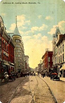 Roanoke City - Jefferson Street
This 1912 postcard shows Jefferson Street with automobiles and street car tracks.  Interesting period of transition.
