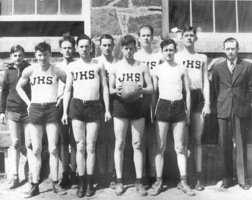 jhs1940basketball.jpg
This photo is of the 1940 Jefferson High School basketball team.  Front Left to right, Eddie Woodie, Parks Colvard, Berman Bare, Billy Joe Gentry.  Back, left to right, Jack Bare, Smith Leak, Cam Bare, Roy Freeman, John D. Weaver.  Coach is Charles Baker Weaver (1914-1966).  Courtesy of Charlie Weaver, Winston Salem, NC.
