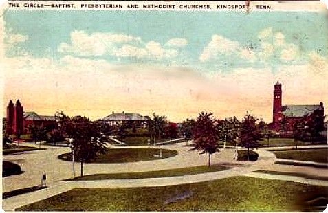 Kingsport - Church Circle
Tbis 1927 postcard shows the Baptist, Methodist and Presbyterian Churches in the Model City.
