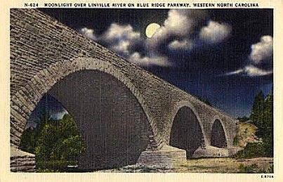 linvillerivernight.jpg
This 1930-45 era post card shows the Blue Ridge Parkway bridge over the Linville River at night.  This [url=http://www.brptrails.com/brp3165.htm]website[/url] has more information about the Linville River Trail on the Blue Ridge Parkway.
