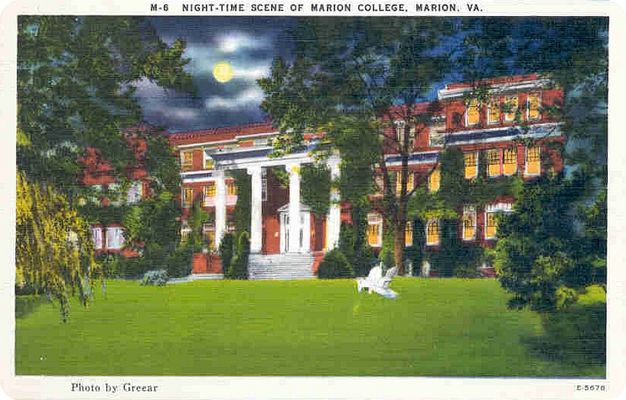 marioncollege.jpg
Located in Marion, VA, this Lutheran School is protrayed at night in this mid-20th century post card.  Goodridge Wilson wrote a [url=http://www.lulu.com/content/95296] History of Marion College[/url] in 1948.
