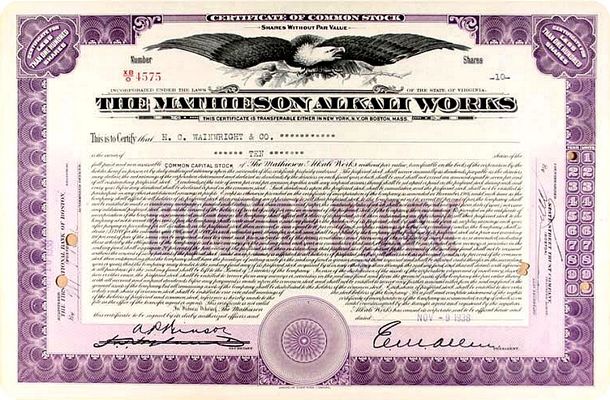 Saltville - Mathieson Alkali Works Stock Certoficate
Fromth 1930s
