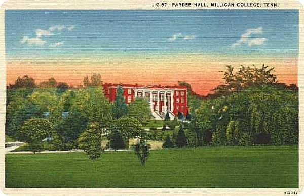 Milligan - Pardee Hall
This image shows Pardee Hall on the campus of Milligan College.  This is from a 1940s postcard.

