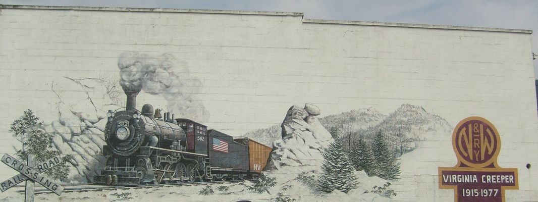 pics 156.jpg
This mural celebrates the Norfolk and Western Train, better known as the Virginia Creeper, which ran from Abingdon, VA to West Jefferson, NC from 1915 until 1977.  Photo July 1, 2007 by Jeff Weaver.
