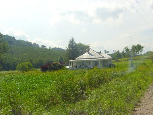Grassy Creek - Vernacular Farm House
This photo shows a rather typical farm house for the area dating from circa 1920.  Note the pyramidal roof.  This example is located on Grassy Creek.  Photo July 18, 2007 by Jeff Weaver.
