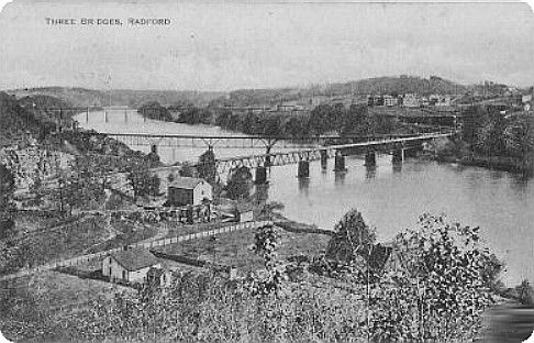 radford3bridges.jpg
This 1930s postcard shows three bridges crossing the New River into the City of Radford.
