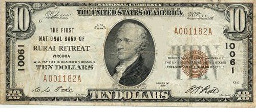 rr_10.jpg
This is a First National Bank of Rural Retreat $10 National Currency note, issued in 1933.
