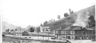 Saltville - Railroad Station
This 1906 postcard focuses on the rail station that existed at that time.  The Mathieson Company Store is in the foreground to the right.
