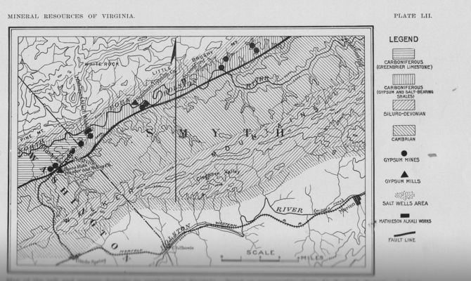 saltvillegeology.jpg
This map shows the salt and gypsum deposits around Saltville in Smyth and Washington counties.  Map dates from circa. 1905.
