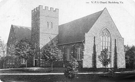 vatechchapel1908.jpg
This chapel at Virginia Tech is shown in a 1908 postcard.
