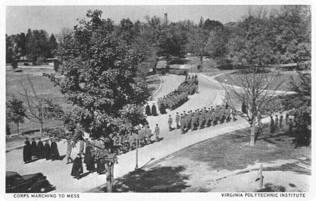 vpicorps.jpg
This 1940s photo postcard shows the corps of cadets marching to the mess hall.
