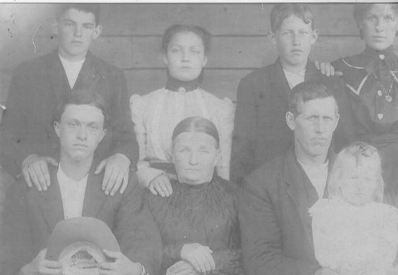 Walton, James and family
Back row right to left, ?, ?, Sidney Walton and Bertie Walton.
Front row, right to left E. L. Greer, Almeda Kilby Walton, James Walton with Vernie Walton.  Courtesy of Anita Kay Wyatt.
