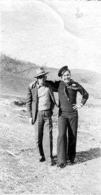 Perkins, Harry and Darrell Unknown.
Harry Perkins and Darrell unknown, probably 1940s.  Courtesy of Cathy Bell [email]cjbell47@goldenwest.net[/email]
