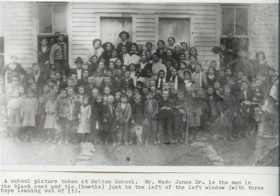 HeltonSchool(ca1915-20).jpg
My great-grandfather Wade Jones Sr. is one of the teachers in this photo.  He is on left with little black bowtie near edge of window.  I don;t know when the picture was taken but from looking at him I would suggest 1915-20, maybe up to 1925.  I don;t know any of the others.  Courtesy of Danny Miller [email]millerd@fuse.net[/email]

