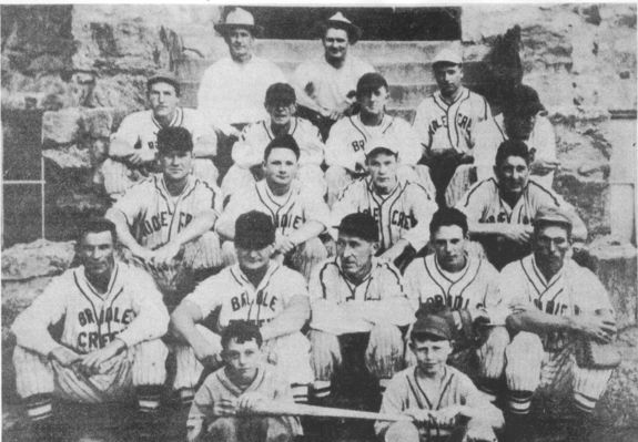 bridlecreekbaseball.jpg
This circa 1930 photo shows the Bridle Creek baseball team.  (Left to right) First row:  Johnny Phipps and Alan Kirk; second row:  Frank Plummer, ?, Enoch Rutherford, Edward Phipps and Charles Osborne; third row:  ?, Tom Cox, Bob Kirk, and Jim Phipps; 4th row; Luehen Halsey, Joe M. Phipps, Clarence Roberts, Cebert Hackler and Bill Phipps; 5th Row (top row) Beale Kirk and L. Jeff Jefferson.
