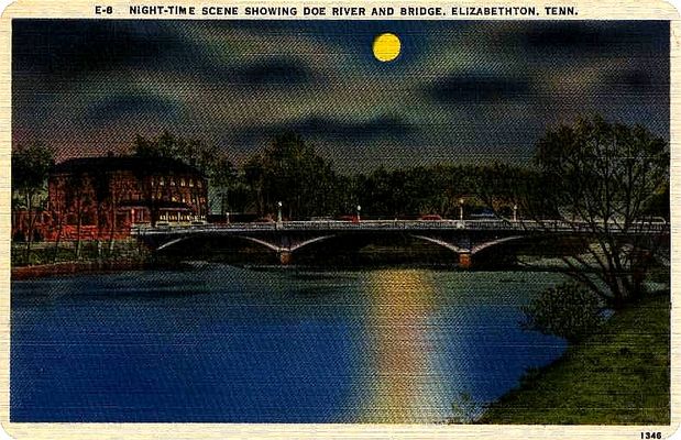 Elizabethton - Doe River Bridge
This 1940s postcard shows the Doe River Bridge in Elizabethton at night.
