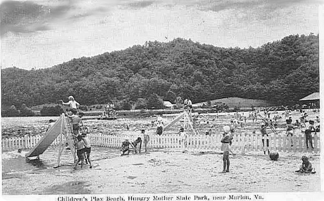 hmbeach1940s.jpg
This 1940s photo postcard of Hungry Mother Park shows the Children's play beach.
