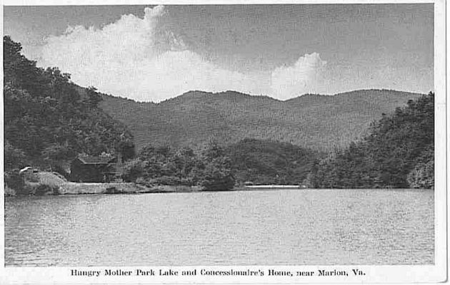 hmlake.jpg
This 1940 real photo postcard shows the Hungry Mother Lake and Consessionaire's home.
