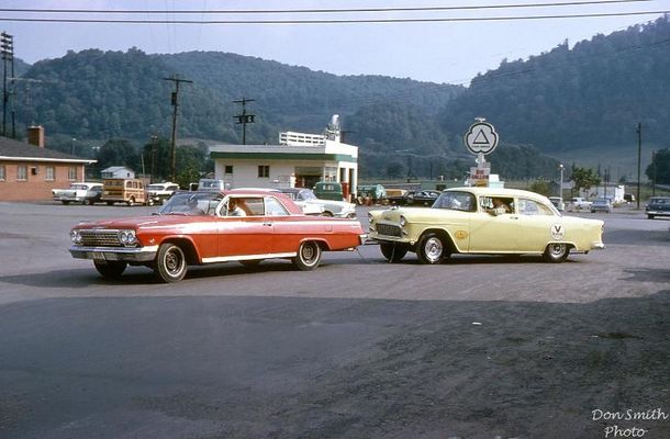 nunnbjracing.jpg
B. J. NUNN RACING TEAM HEADING FOR THE HUDSON, N. C. DRAGSTRIP.
 
THE CITIES SERVICE IN THE BACKGROUND IS WHERE TODD'S IS NOW.
 
THE RED CAR WAS A '62 CHEVY WITH A 409 ENGINE AND FACTORY FOUR IN THE FLOOR.
 
A WARM SEPTEMBER EVENING IN 1963.  Courtesy of Don Smith [email]dsmith1043@comcast.net[/email]
 
