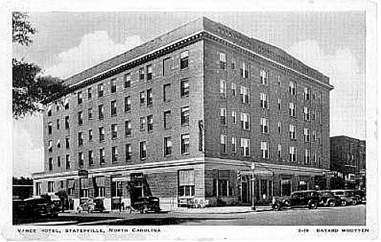 vancehotel.jpg
Vance Hotel is located at 226 South Center Street in Statesville.  This postcard view is from the 1930s.
