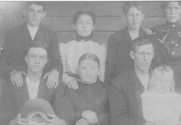 Walton, James and family
Back row right to left, ?, ?, Sidney Walton and Bertie Walton.
Front row, right to left E. L. Greer, Almeda Kilby Walton, James Walton with Vernie Walton.  Courtesy of Anita Kay Wyatt.
