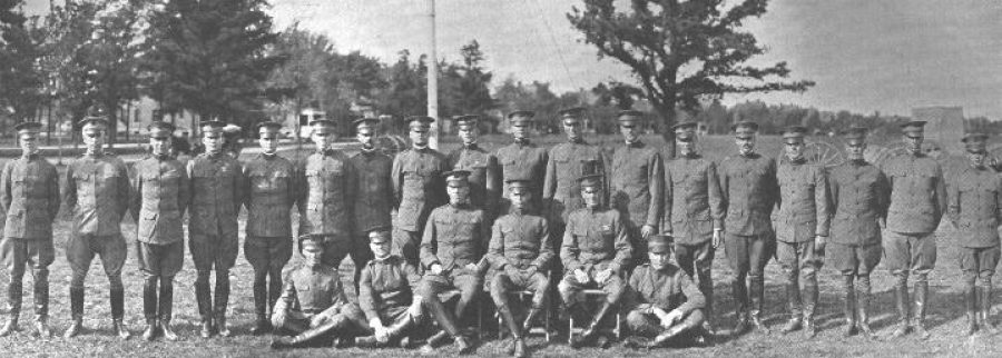 Standing Left to Right: 2nd Lieut. Daughtery, Capt. Platt, Capt. Untermyer, Lieut. Bodley, Capt. Gammell, Capt. Barstow, Lieut. Bateson, Lieut. Caldwell, Capt. Verbeck, Capt. Dana, Capt. Hincks, Lieut. Howe, Lieut. Simmons, Capts. Trumbull, 2nd Lieut. Walsh, 2nd Lieut. Peppin, Capt. Harwood, 2nd Lieut. Euchmann.
Sitting Left to Right: Capt. Gordon, Lieut. Kelley, Major Hadley, Capt. Randol, Capt. Dunnigan, Lieut. Chapman.